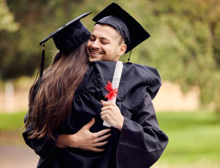 Photo for Graduation, success and friends hugging outdoor on university campus at a celebration event. Education, certificate and hug with happy scholarship students cheering together as college graduates. - Royalty Free Image