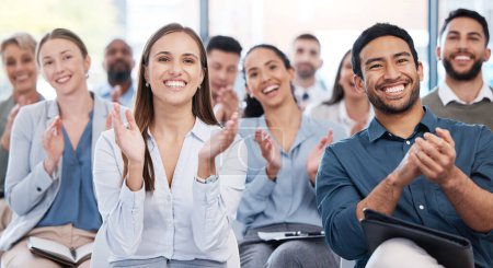 Photo for Applause, happy and business people as an audience at a seminar with support or motivation. Smile, team and employees clapping hands for success, agreement or celebration at a workshop or conference. - Royalty Free Image