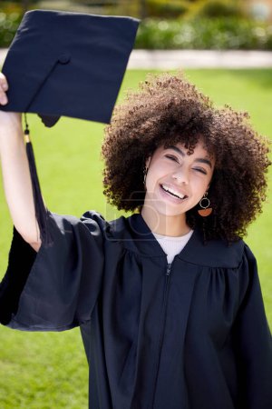 Photo for Woman, smile in portrait with graduation cap and success, education qualification and achievement with happiness. Certificate, degree and diploma with female graduate, celebration and university. - Royalty Free Image