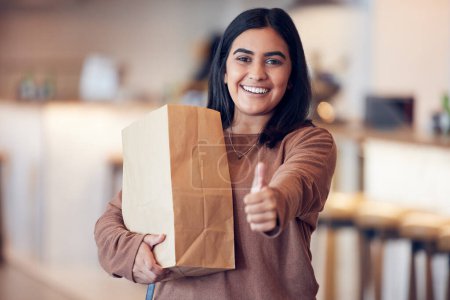 Photo for Paper bag, woman shopping and thumbs up portrait with happiness and motivation from shop deal. Winner, young female person and emoji hand gesture at home with grocery bags and retail purchase success. - Royalty Free Image