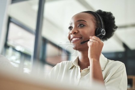 Photo for Black woman, call center and phone consultation with a smile in a office with contact us work. Telemarketing, consulting job and African female employee with communication and customer service. - Royalty Free Image