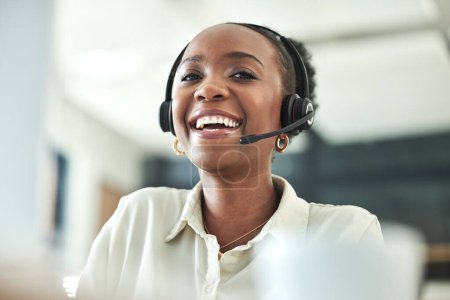 Photo for Black woman, call center and laugh portrait with a smile in a office with contact us work. Telemarketing, consulting job and African female employee with consultation and customer service at company. - Royalty Free Image