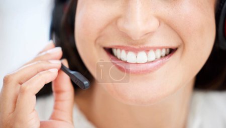 Photo for Woman with smile, face and closeup with call center, happy agent teeth with communication and contact us. CRM, customer service and female consultant mouth with headset mic, positivity and telecom. - Royalty Free Image