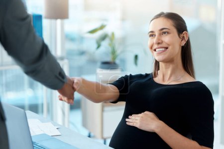 Photo for Pregnant business woman, hand shake and office with man, welcome or hiring in finance company. Female HR manager, shaking hands and interview for recruitment with smile, respect and touching stomach. - Royalty Free Image