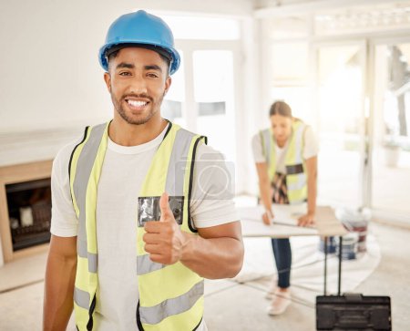 Photo for Portrait of man, construction and home renovation with thumbs up, helmet and smile in apartment. Yes, positive mindset and diy renovations, happy handyman in safety and building project in new house - Royalty Free Image