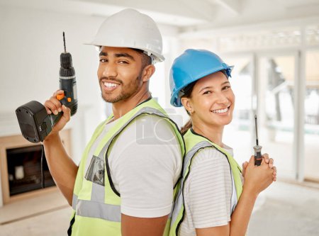 Photo for Workers, couple and portrait with construction tools, maintenance equipment and working contractor for renovation. People, back together and smile for home building, interior design or diy project. - Royalty Free Image