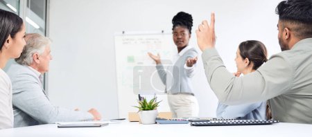 Photo for Questions, presentation and business people, leader or manager on whiteboard, finance solution or stats update. Yes, speaking and african woman, man and hands in air for financial feedback in meeting. - Royalty Free Image