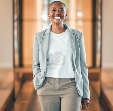 Photo for Portrait, lawyer and black woman smile for business in company office. Confidence, law and happy professional, entrepreneur or attorney in South Africa with pride for career, job and success mindset. - Royalty Free Image
