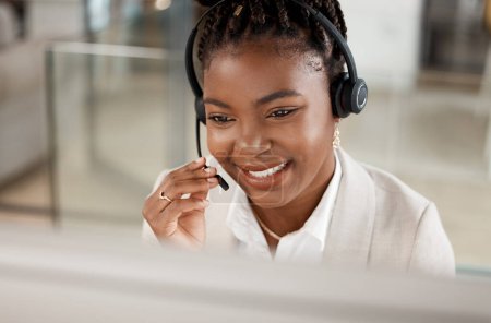 Photo for Black woman, face and smile in call center for customer service, support or telemarketing at office. Happy African female person consultant agent smiling for online advice or telesales at workplace. - Royalty Free Image