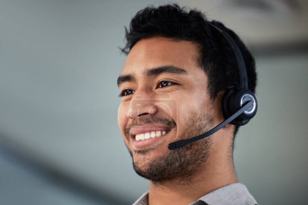 Photo for Call center, smile and business man, telemarketing and customer service in office. Crm, contact us and Asian male sales agent, consultant and employee work on help desk, support and listening mockup - Royalty Free Image