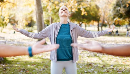 Téléchargez les photos : Stretching, yoga et professeur avec une vieille femme dans le parc pour la forme physique, la santé et l'entraînement. Pleine conscience, formation et bien-être avec les personnes âgées et méditation dans la nature pour pilates, équilibre et classe. - en image libre de droit