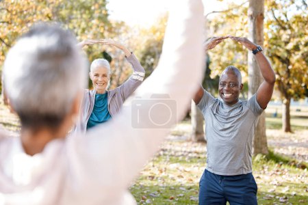 Photo for Stretching, yoga and peace with old people in park for fitness, health or workout. Mindfulness, training and zen with senior class and meditation in nature for pilates, balance and spiritual wellness. - Royalty Free Image