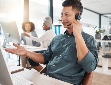 Photo for Smile, call center and man listening on computer for telemarketing, customer service and support. Crm, contact us and sales agent, consultant or employee working at help desk, consulting and business. - Royalty Free Image