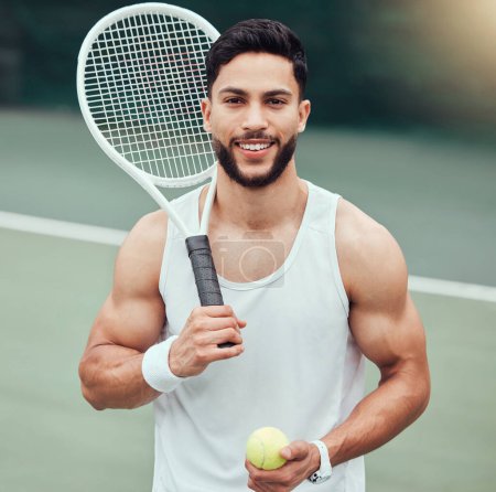 Photo for Portrait of happy man with racket, tennis ball and smile, fitness mindset and confidence for game on court. Workout goals, pride and happiness, male athlete with motivation for health and wellness - Royalty Free Image