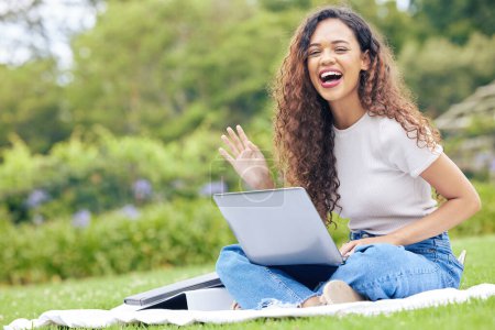 Photo for College, laptop and portrait of woman in park for education, relax and research study. Elearning, university and scholarship with student on grass lawn for technology, school report and online exam. - Royalty Free Image