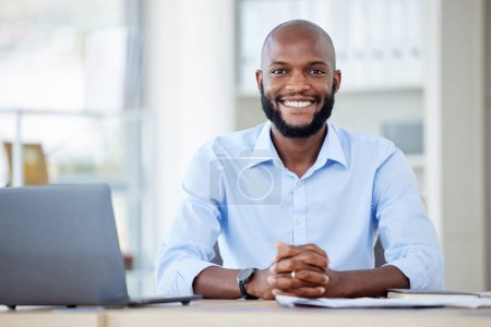 Photo for Portrait, black man and business writer in office with pride for career or company job. Face, smile and professional, entrepreneur and male copywriter from South Africa with success mindset at work - Royalty Free Image