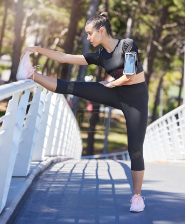 Photo for Woman, stretching legs and bridge in park for fitness, health and warm up for running, outdoor and training. Girl, runner and muscle exercise for body, performance and wellness in summer sunshine. - Royalty Free Image