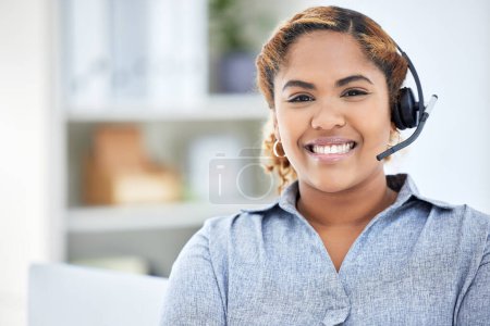 Photo for Call center, portrait and smile of woman for telemarketing, customer service and support. Face, contact us and confident sales agent, consultant and crm professional from Brazil in business office - Royalty Free Image