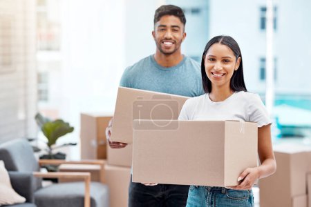 Photo for Box, happy and portrait of couple in new home excited for property, apartment and real estate investment. Relationship, moving day and man and woman carrying boxes for relocation, move and house. - Royalty Free Image