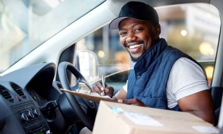Photo for Delivery man, transport and portrait of a man writing with a smile in window for shipping or courier service. Happy black person or driver with cardboard package to sign paper in van or cargo vehicle. - Royalty Free Image