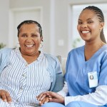 Senior woman, nurse and holding hands portrait for support, healthcare and happiness at retirement home. Elderly black person and caregiver together for trust, elderly care and help with homecare.