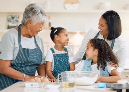 Photo for Grandmother, mom or happy kids baking in kitchen in a family home with siblings learning cooking skills. Cake, woman laughing or grandma smiling, talking or teaching young children to bake together. - Royalty Free Image