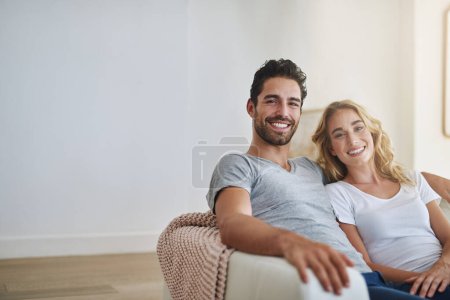 Photo for Smile, portrait or happy couple in home with trust, commitment or loyalty together bonding or smiling. Wellness, lovers or woman enjoys quality time with a romantic man on holiday weekend break. - Royalty Free Image