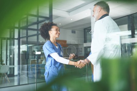 Photo for I have no doubt in your ability to handle this. an attractive young nurse standing and shaking a doctors hand in the clinic - Royalty Free Image