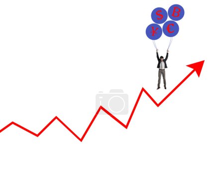 Photo for Stocks are going up and so am I. a businessman holding on to a bunch of cryptocurrency balloons on top of a graph against a white background - Royalty Free Image