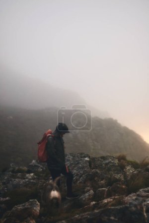 Téléchargez les photos : J'ai besoin d'un peu de temps loin de tout ça. un homme portant son sac à dos lors d'une randonnée dans les montagnes avec son chien - en image libre de droit