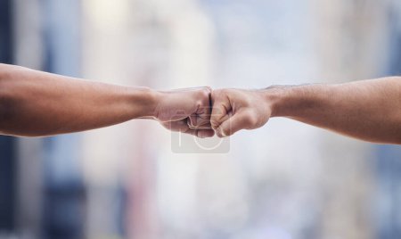 Photo for Closeup, people and hands in fist bump of success, winning and power of teamwork, respect or pride. Friends, hand and emoji of collaboration, motivation and celebrate solidarity, trust or cooperation. - Royalty Free Image