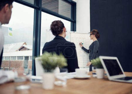 Foto de Revisando su estructura objetivo. una mujer de negocios dando una presentación a sus colegas en una oficina - Imagen libre de derechos
