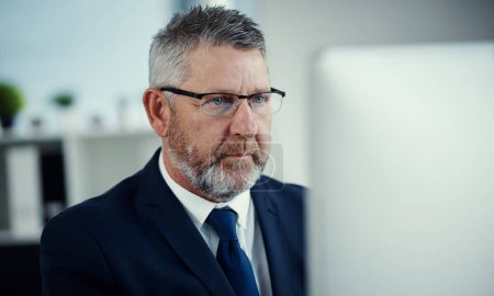 Photo for The hard work that made his career a success. a mature businessman using a computer at his desk in a modern office - Royalty Free Image