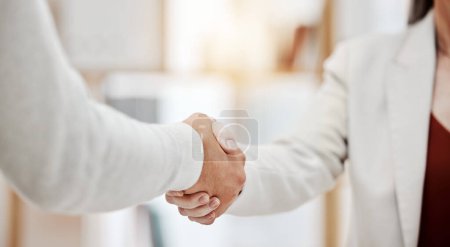 Photo for Business people, handshake and office introduction, partnership agreement or welcome to creative agency. Professional person, clients or partner shaking hands, meeting and deal or b2b onboarding. - Royalty Free Image