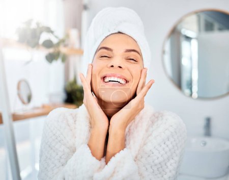 Photo for Happy, skincare and woman with hands on face for beauty, cosmetic or result satisfaction in a bathroom. Smile, shower and female touching glowing, soft and clear skin after treatment in her home. - Royalty Free Image