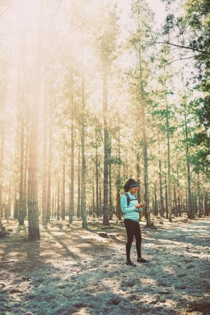 Téléchargez les photos : Laissez l'exercice être votre anti-stress. Plan complet d'une jeune femme athlétique envoyant un message en faisant du jogging dans les bois - en image libre de droit