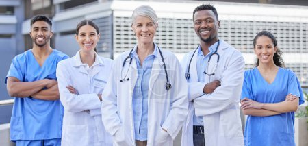 Photo for Doctor team, city and portrait with happiness from healthcare and wellness workers. Urban, nursing people and happy clinic group with doctors motivation and support with expert and diversity staff. - Royalty Free Image