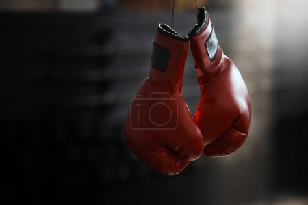 Photo for Empty, gym and boxing gloves for fitness, sports and training, wellness and healthy lifestyle. Protective, glove and fighting sport equipment at a health center for workout, endurance and challenge. - Royalty Free Image