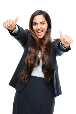 Photo for Portrait, thumbs up and an indian business woman in studio isolated on a white background for motivation or support. Thank you, winner and yes with a happy young female employee showing a like emoji. - Royalty Free Image