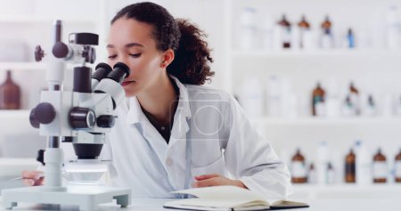Photo for Research, microscope and woman scientist writing for science, medicine and data analysis in a lab. Laboratory, healthcare and female health expert with book for medical, results and sample checklist. - Royalty Free Image