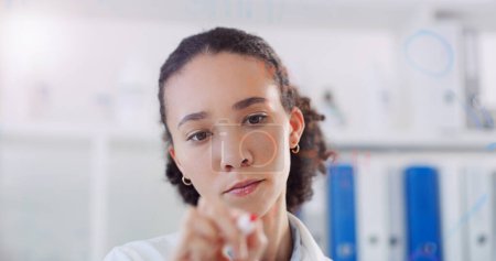 Photo for Thinking, scientist data and woman writing on clear board for science formula research. Laboratory worker, female person and focus with planning and futuristic vision for medical test with mockup. - Royalty Free Image