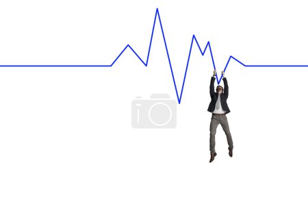 Photo for Hang in there, financial help is on the way. a businessman hanging onto a graph against a white background - Royalty Free Image