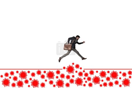 Photo for When crisis hits, head to a place of financial safety. a businessman carrying a bag and running above a virus against a white background - Royalty Free Image