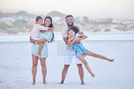 Photo for Family, parents or portrait of happy children at sea to travel with joy, smile or love on holiday vacation. Mom, beach or father smiling with kids in Mexico with happiness bonding or playing together. - Royalty Free Image