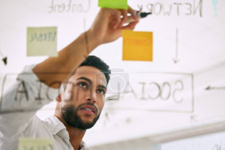Photo for Writing, planning and business man for brainstorming, project workflow and management goals on glass board. Startup, ideas and creative worker, employee or person with work schedule with sticky notes. - Royalty Free Image