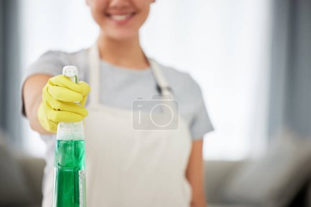 Photo for Bottle, cleaning spray and woman with gloves to clean house, surface or job working with washing detergent. Cleaner, service and apartment maintenance with a maid, helper or worker with products. - Royalty Free Image