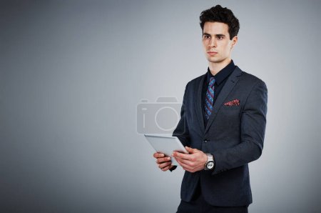 Téléchargez les photos : La technologie moderne a facilité la réussite des entreprises hôtelières. un jeune homme d'affaires utilisant une tablette numérique sur fond gris - en image libre de droit