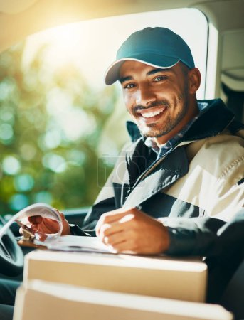 Photo for Writing, delivery and portrait of with man in van for courier, logistics and shipping. Ecommerce, export and distribution with male postman in vehicle for mail, package and cargo shipment. - Royalty Free Image