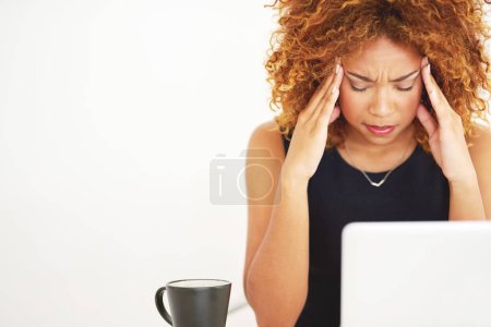 Photo for Stress, headache and woman with a laptop email isolated on a white background in a studio. Frustrated, space and a social media manager with migraine pain from a mental health problem or work mistake. - Royalty Free Image