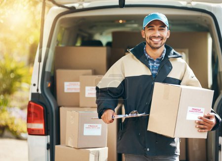 Photo for Smile, delivery and box with portrait of man at van for courier, logistics and shipping. Ecommerce, export and distribution with male postman in vehicle for mail, package and cargo shipment. - Royalty Free Image